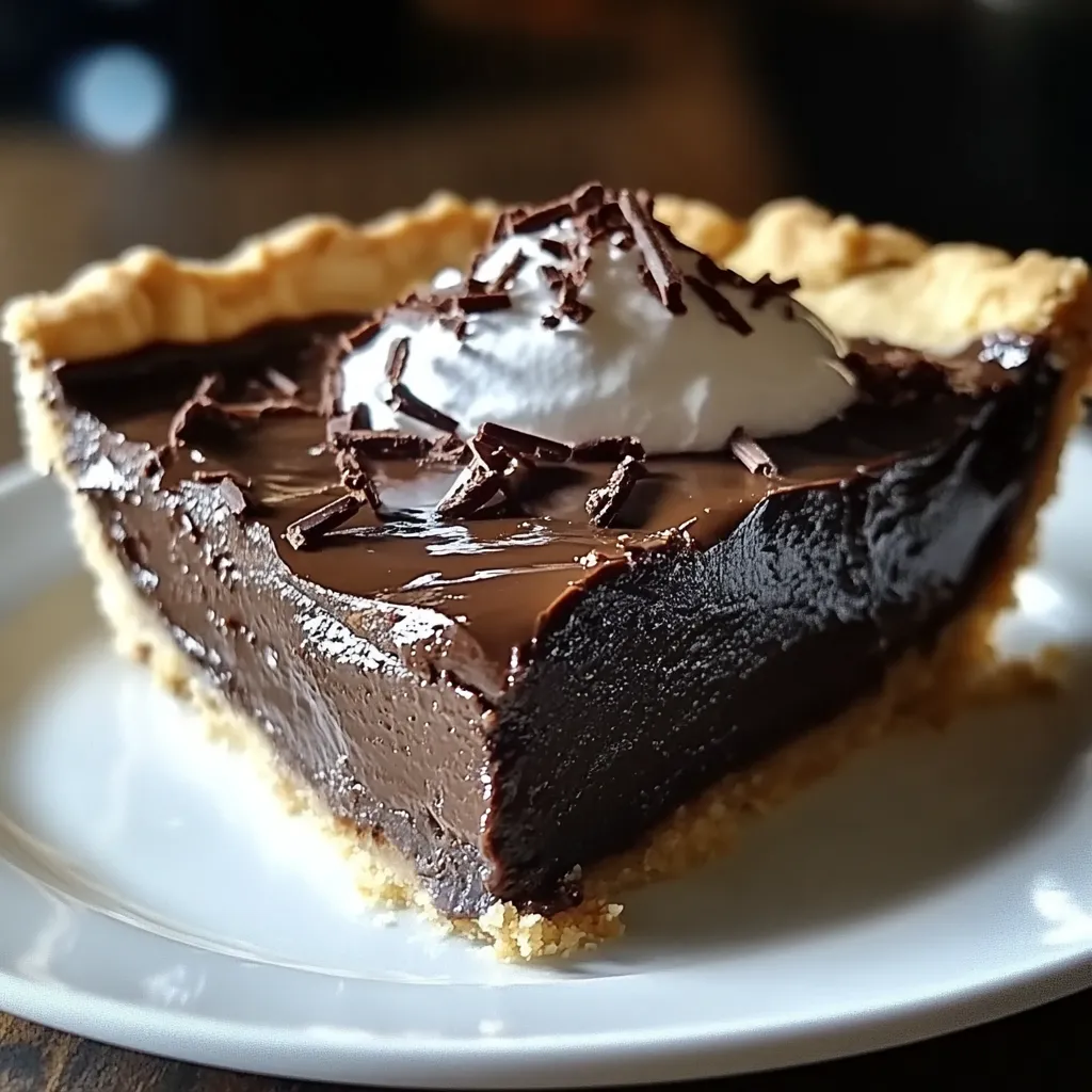 Hot fudge pie served warm with a dollop of whipped cream and a drizzle of chocolate sauce.