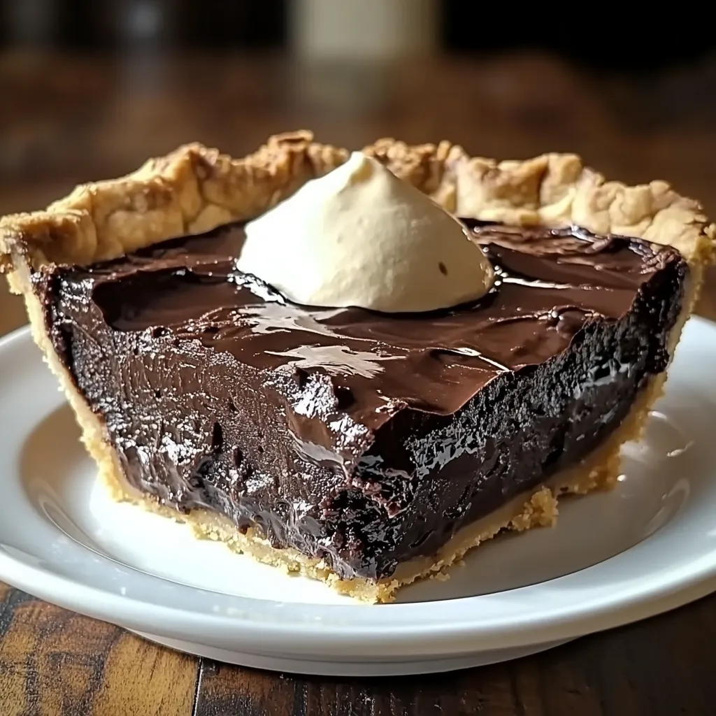 Hot fudge pie served warm with a dollop of whipped cream and a drizzle of chocolate sauce.