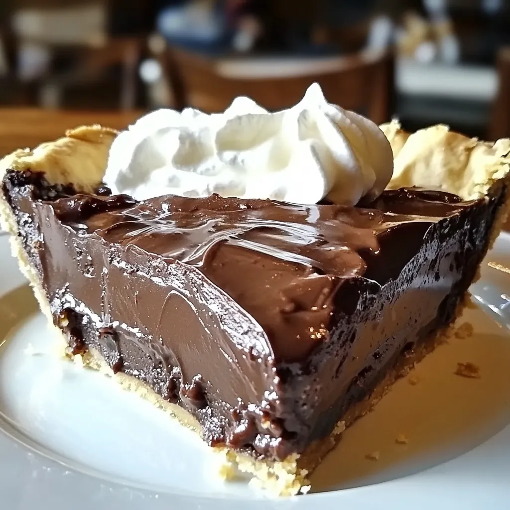 Hot fudge pie served warm with a dollop of whipped cream and a drizzle of chocolate sauce.