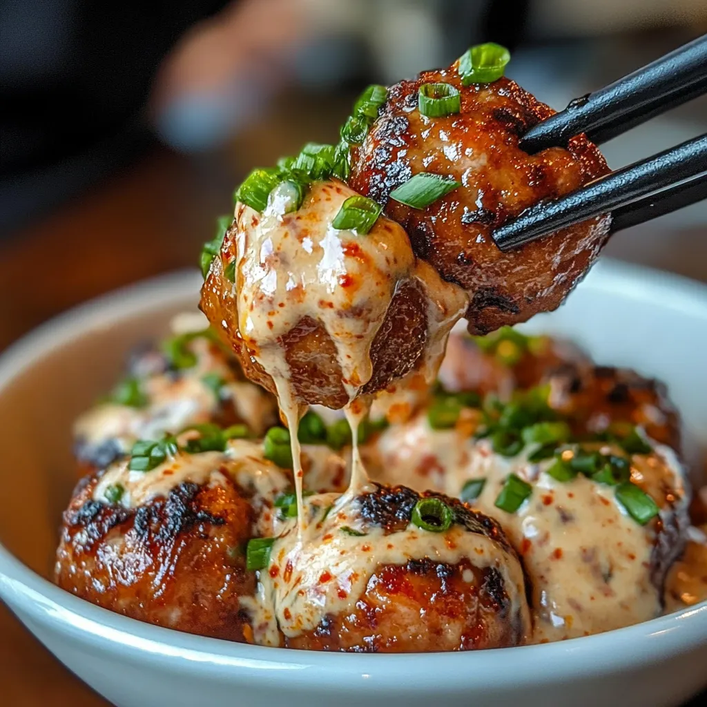 Korean BBQ Meatballs served on a white plate with a glossy glaze and a side of spicy mayo dip garnished with green onions and sesame seeds.