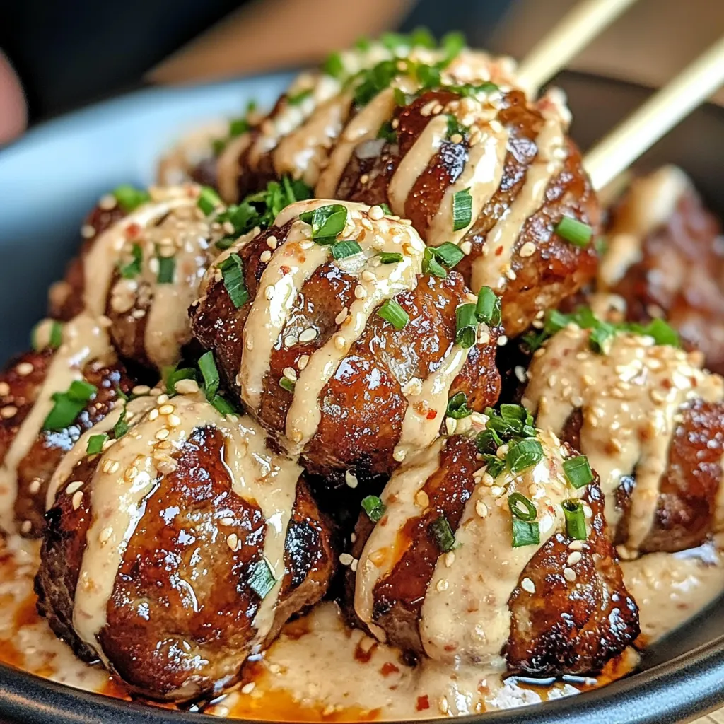 Korean BBQ Meatballs served on a white plate with a glossy glaze and a side of spicy mayo dip garnished with green onions and sesame seeds.