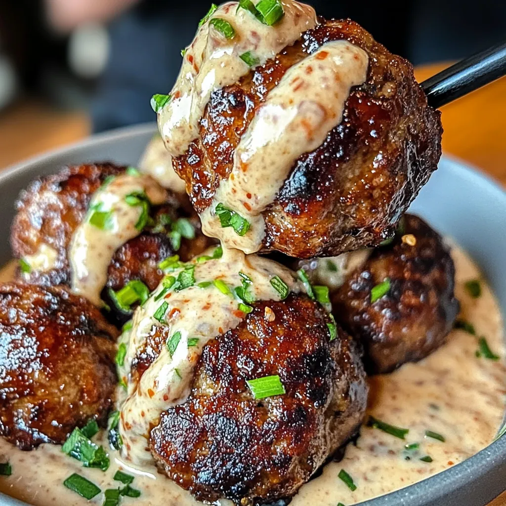 Korean BBQ Meatballs served on a white plate with a glossy glaze and a side of spicy mayo dip garnished with green onions and sesame seeds.