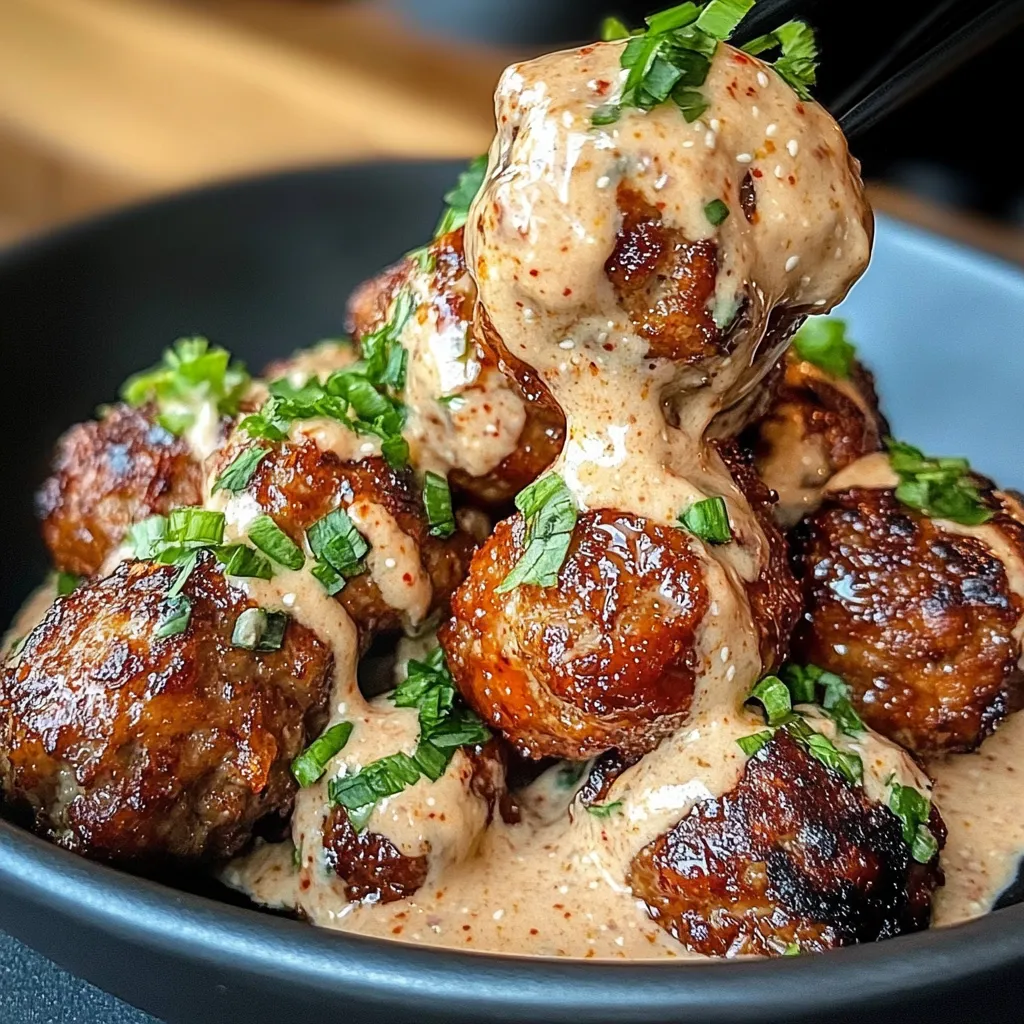 Korean BBQ Meatballs served on a white plate with a glossy glaze and a side of spicy mayo dip garnished with green onions and sesame seeds.