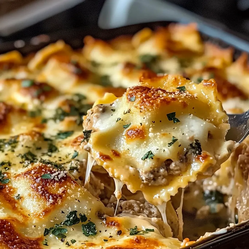 Million Dollar Ravioli Casserole with golden cheese topping in a 9x13-inch dish, garnished with parsley.