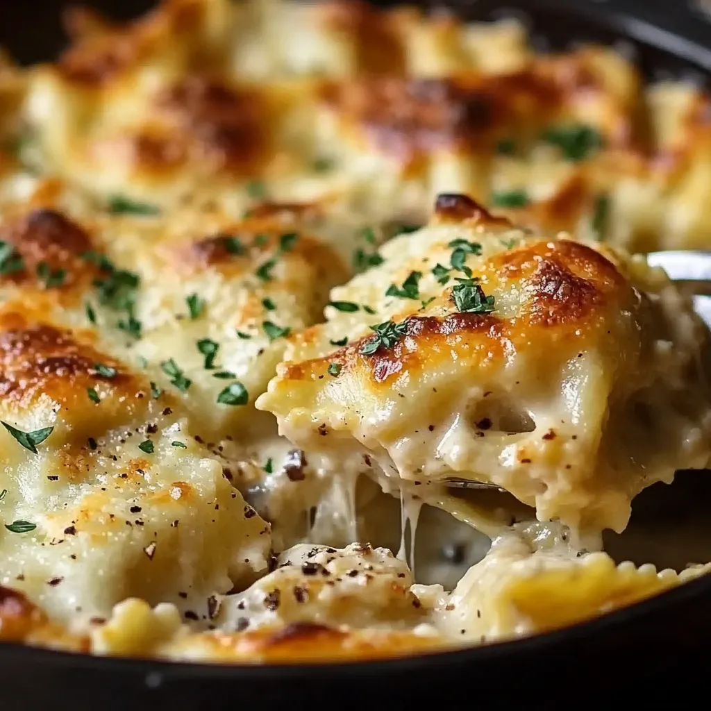 Million Dollar Ravioli Casserole with golden cheese topping in a 9x13-inch dish, garnished with parsley.