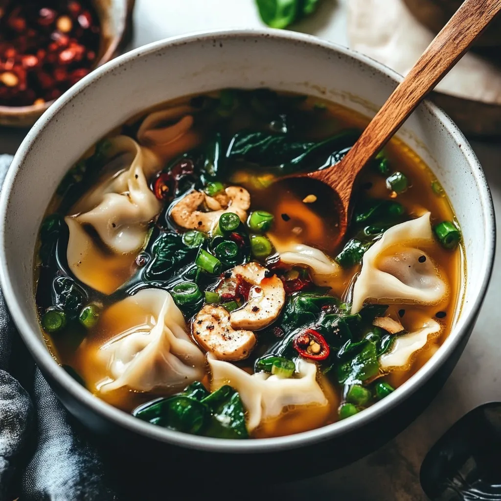 A steaming bowl of Potsticker Soup filled with tender dumplings, crisp Napa cabbage, sliced carrots, and garnished with fresh cilantro and sesame seeds.