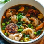 A steaming bowl of Potsticker Soup filled with tender dumplings, crisp Napa cabbage, sliced carrots, and garnished with fresh cilantro and sesame seeds.