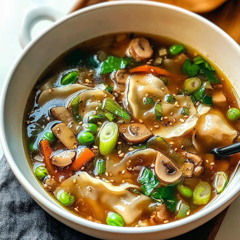 A steaming bowl of Potsticker Soup filled with tender dumplings, crisp Napa cabbage, sliced carrots, and garnished with fresh cilantro and sesame seeds.