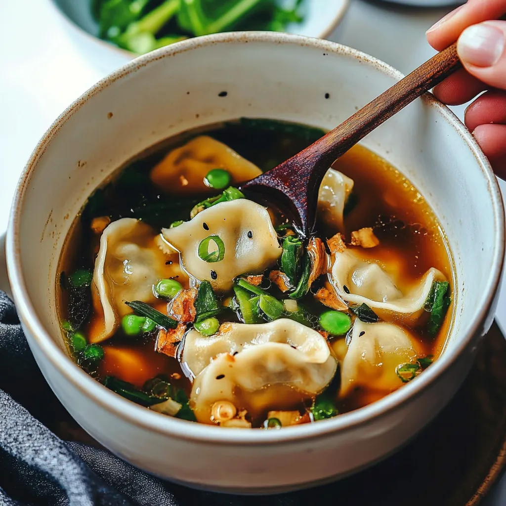 A steaming bowl of Potsticker Soup filled with tender dumplings, crisp Napa cabbage, sliced carrots, and garnished with fresh cilantro and sesame seeds.