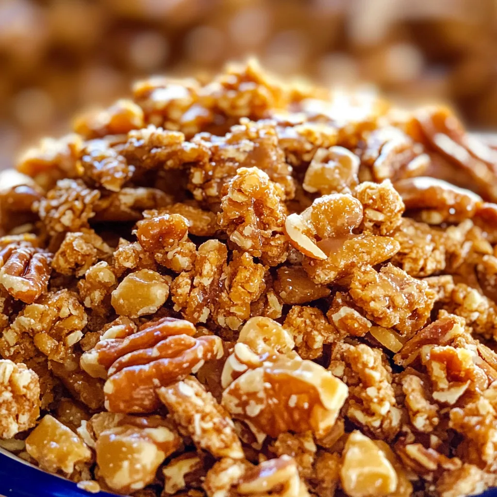 A festive bowl of Praline Crunch featuring crisp cereal and pecans coated in golden caramel, perfect for holiday gatherings and gifting.