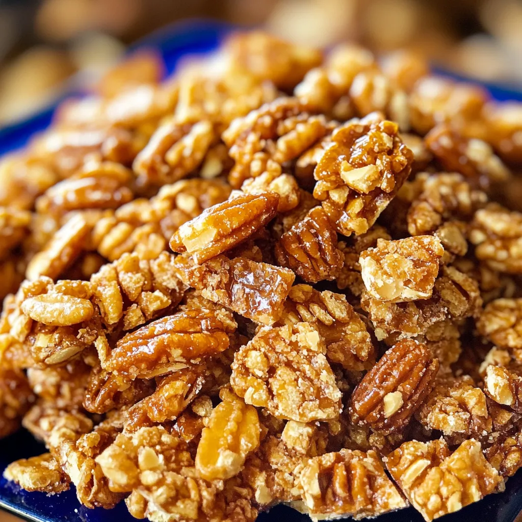 A festive bowl of Praline Crunch featuring crisp cereal and pecans coated in golden caramel, perfect for holiday gatherings and gifting.