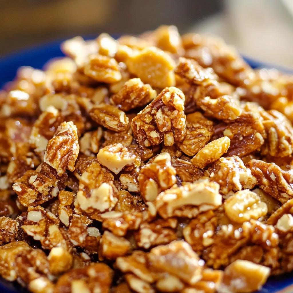 A festive bowl of Praline Crunch featuring crisp cereal and pecans coated in golden caramel, perfect for holiday gatherings and gifting.