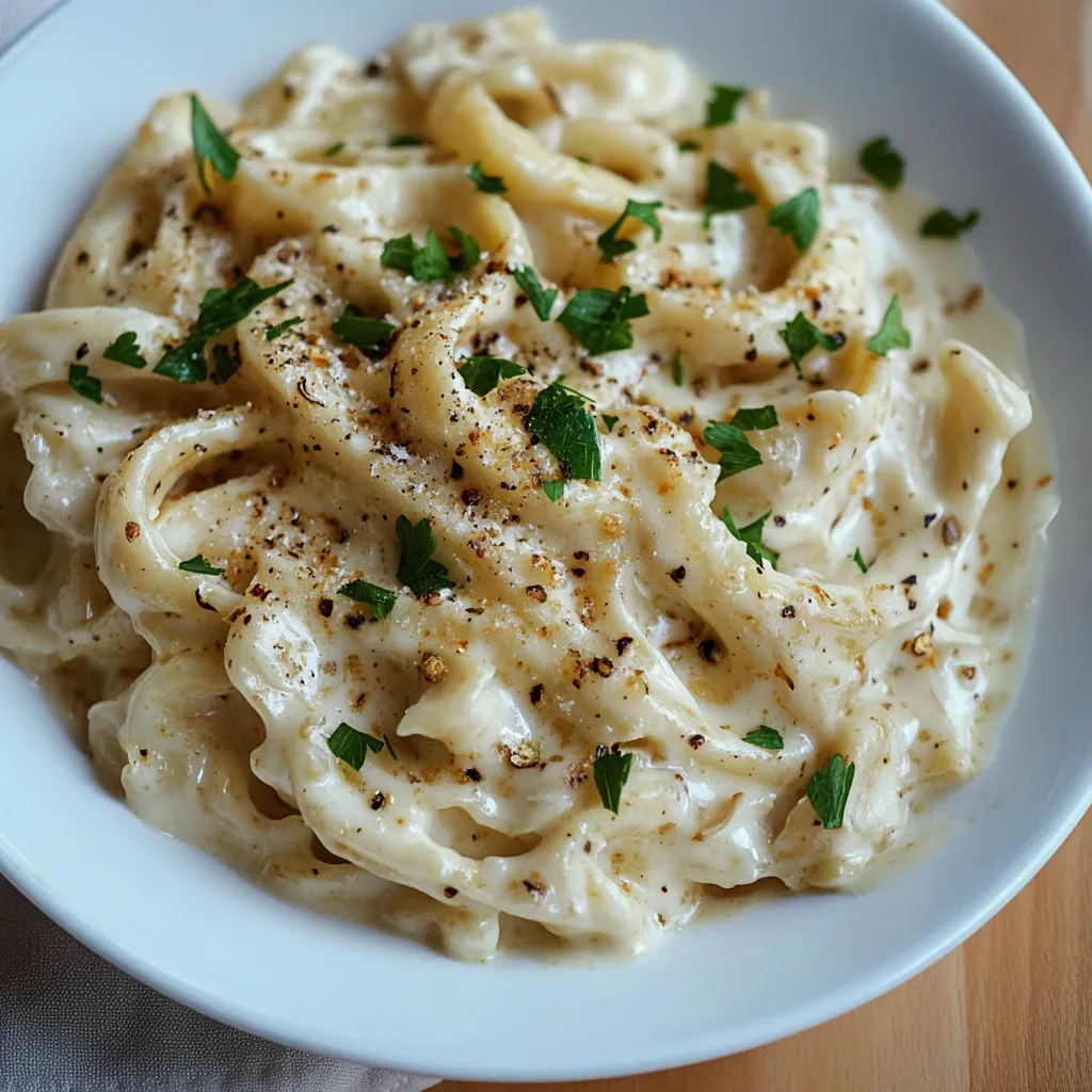 A bowl of creamy roasted garlic Alfredo sauce over fettuccine, garnished with parsley.