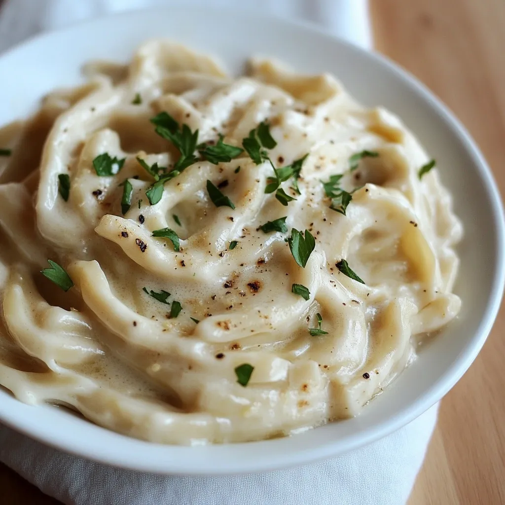 A bowl of creamy roasted garlic Alfredo sauce over fettuccine, garnished with parsley.