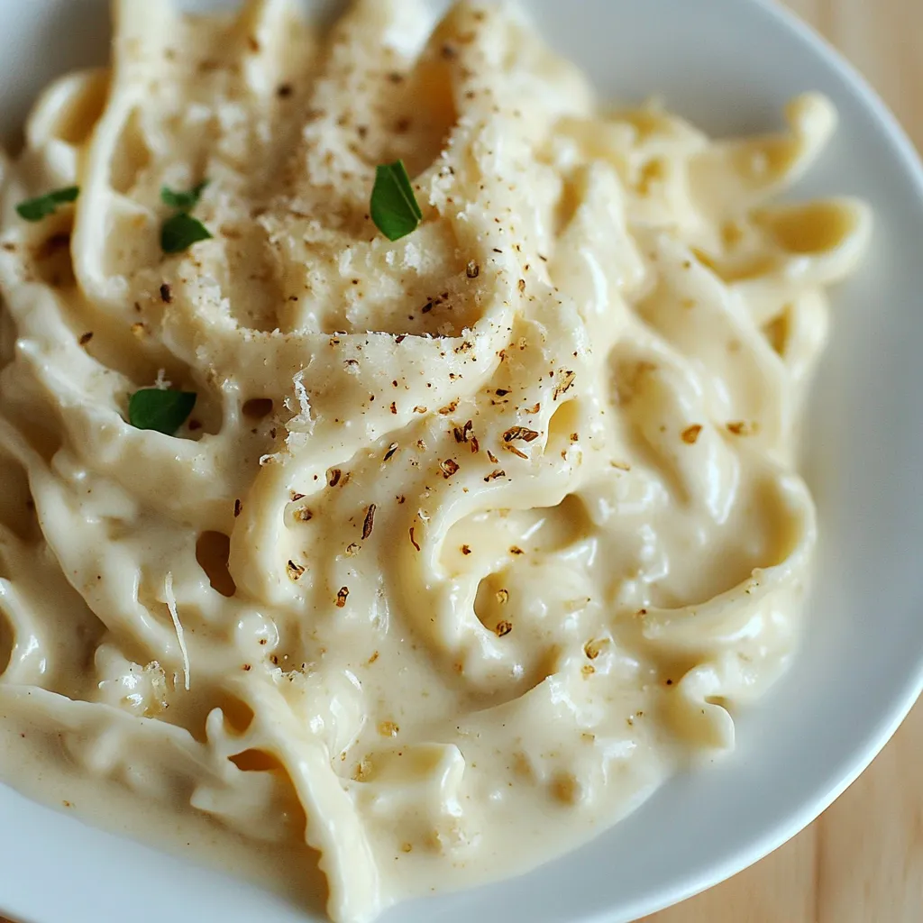 A bowl of creamy roasted garlic Alfredo sauce over fettuccine, garnished with parsley.