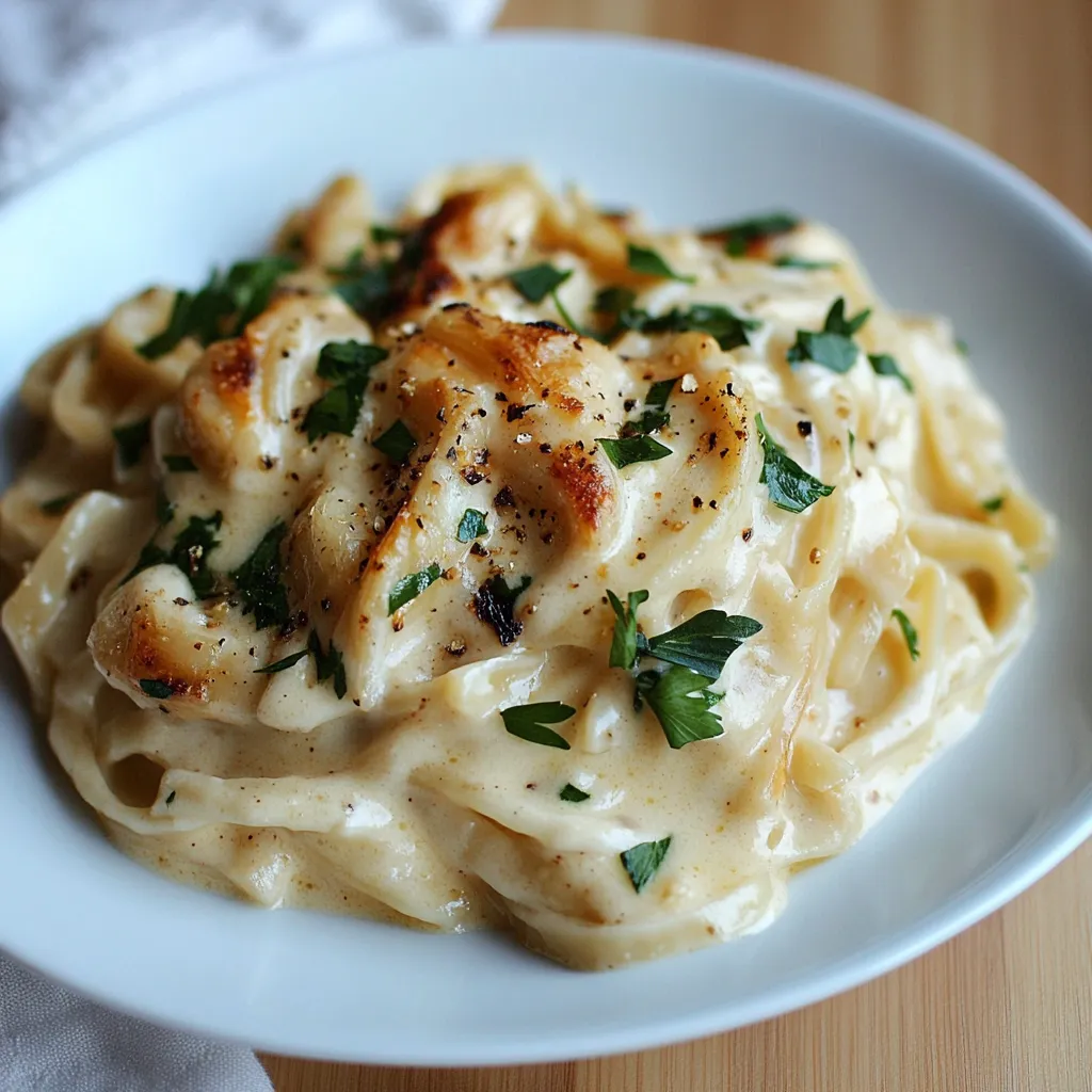 A bowl of creamy roasted garlic Alfredo sauce over fettuccine, garnished with parsley.