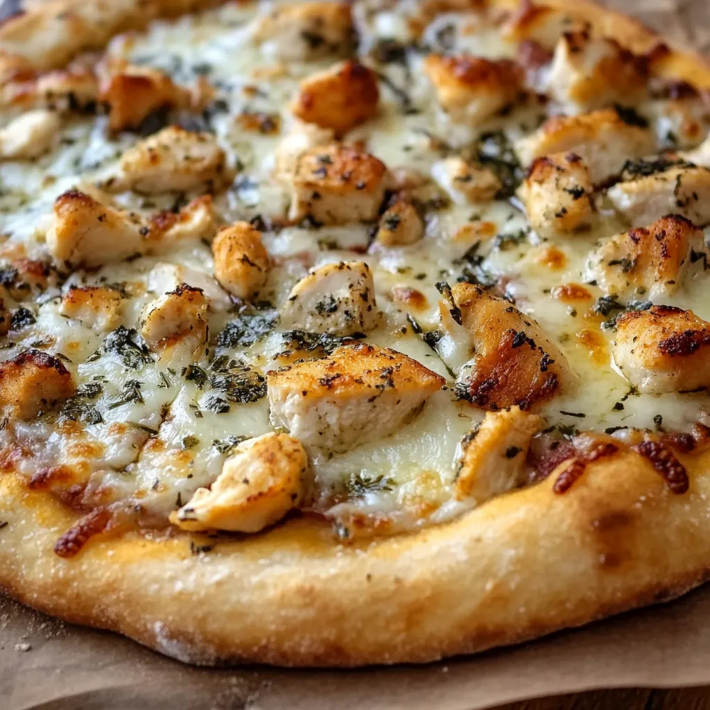 Homemade roasted garlic chicken and herb pizza with melted cheese, fresh herbs, and a crispy golden crust.