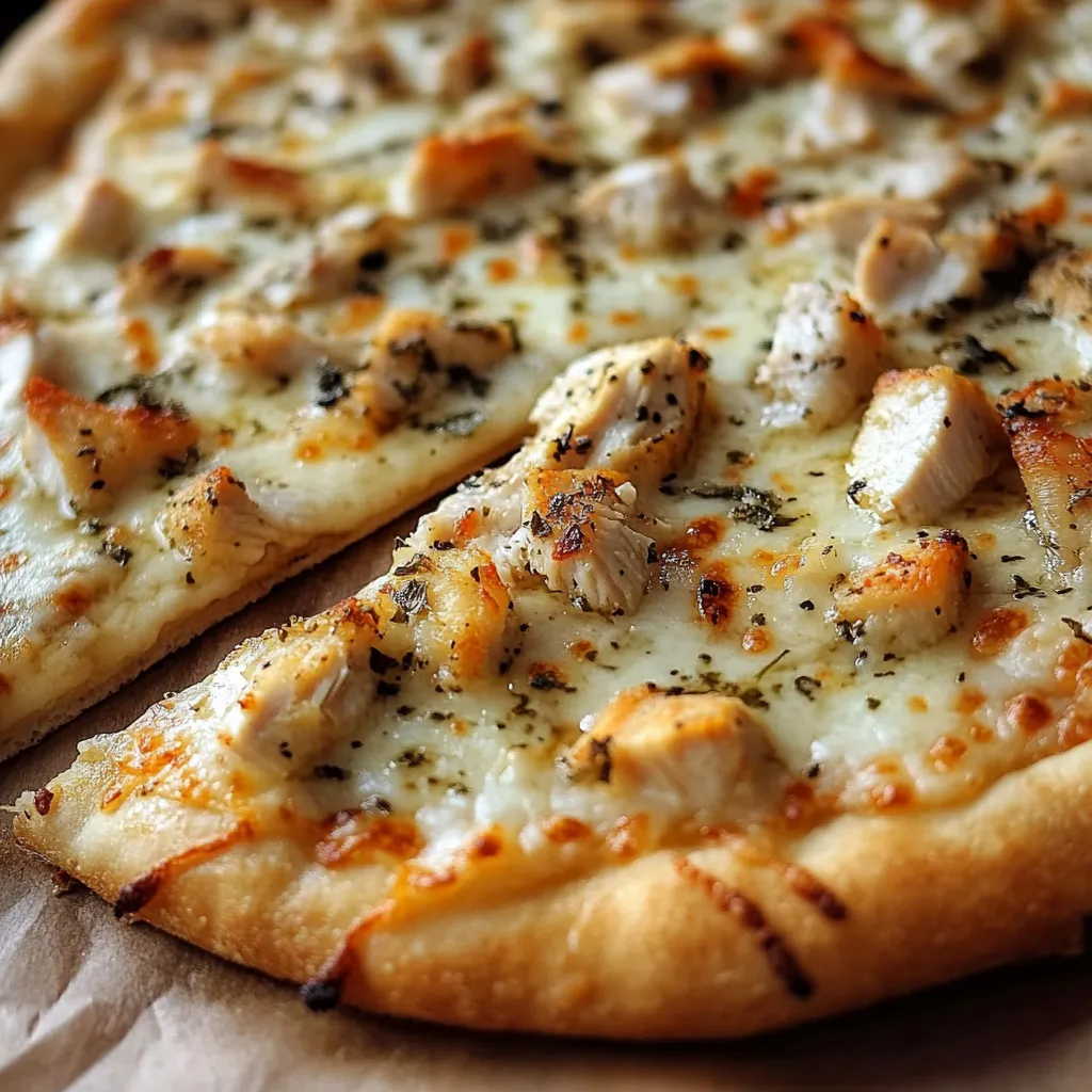 Homemade roasted garlic chicken and herb pizza with melted cheese, fresh herbs, and a crispy golden crust.