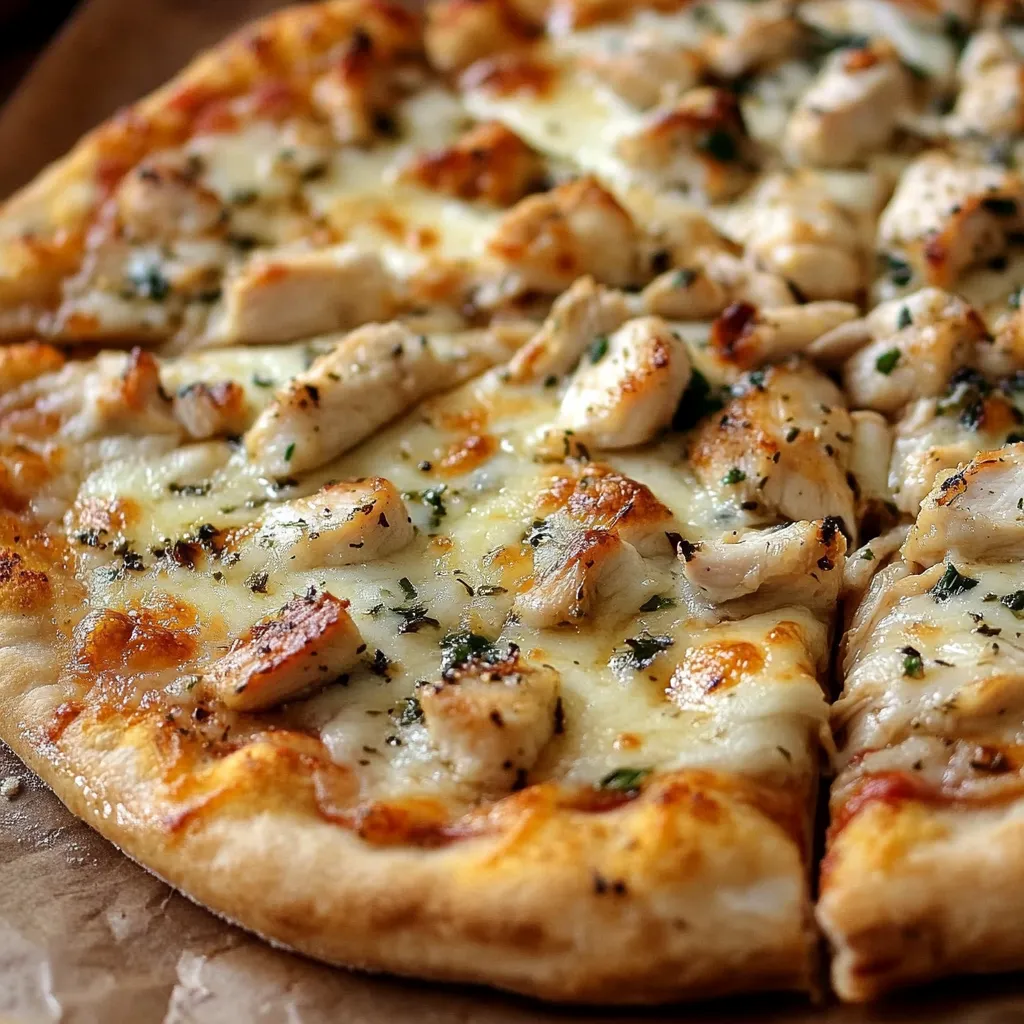 Homemade roasted garlic chicken and herb pizza with melted cheese, fresh herbs, and a crispy golden crust.