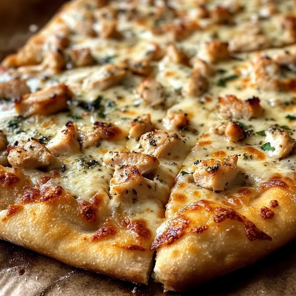 Homemade roasted garlic chicken and herb pizza with melted cheese, fresh herbs, and a crispy golden crust.