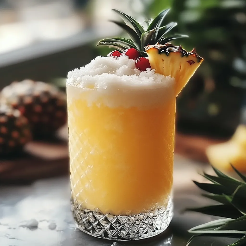 A glass of Snowy Pineapple Punch garnished with a pineapple wedge and sprinkled with shredded coconut, served with a colorful straw.