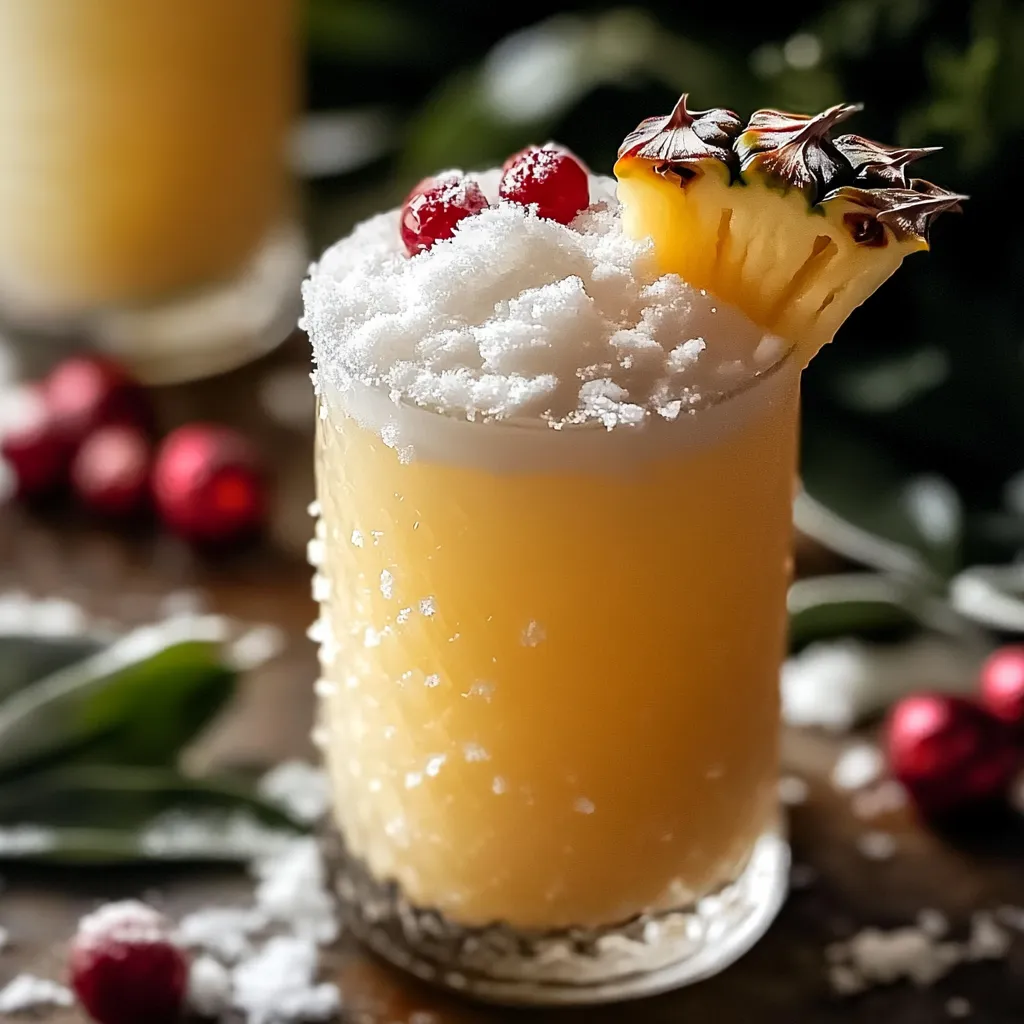 A glass of Snowy Pineapple Punch garnished with a pineapple wedge and sprinkled with shredded coconut, served with a colorful straw.