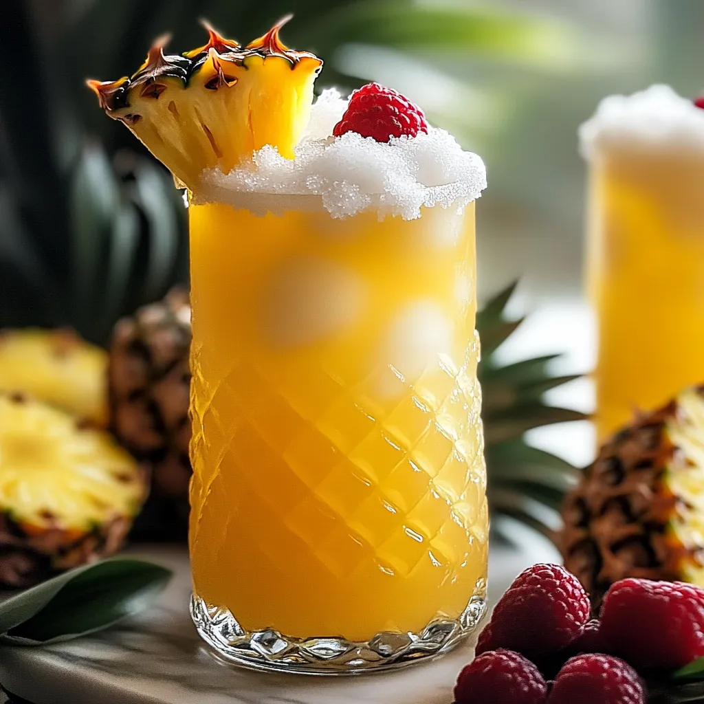 A glass of Snowy Pineapple Punch garnished with a pineapple wedge and sprinkled with shredded coconut, served with a colorful straw.