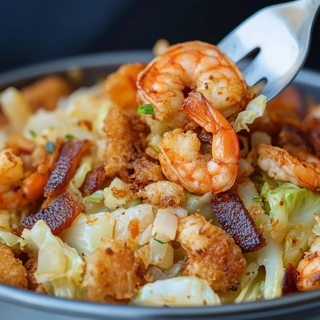 A vibrant skillet filled with Southern Fried Cabbage with Shrimp, crispy bacon, and fresh parsley garnish.