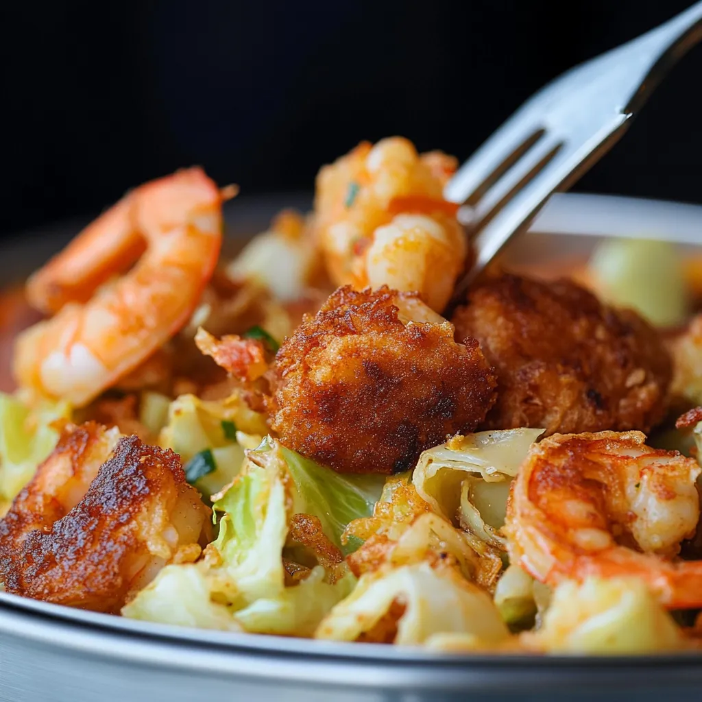 A vibrant skillet filled with Southern Fried Cabbage with Shrimp, crispy bacon, and fresh parsley garnish.