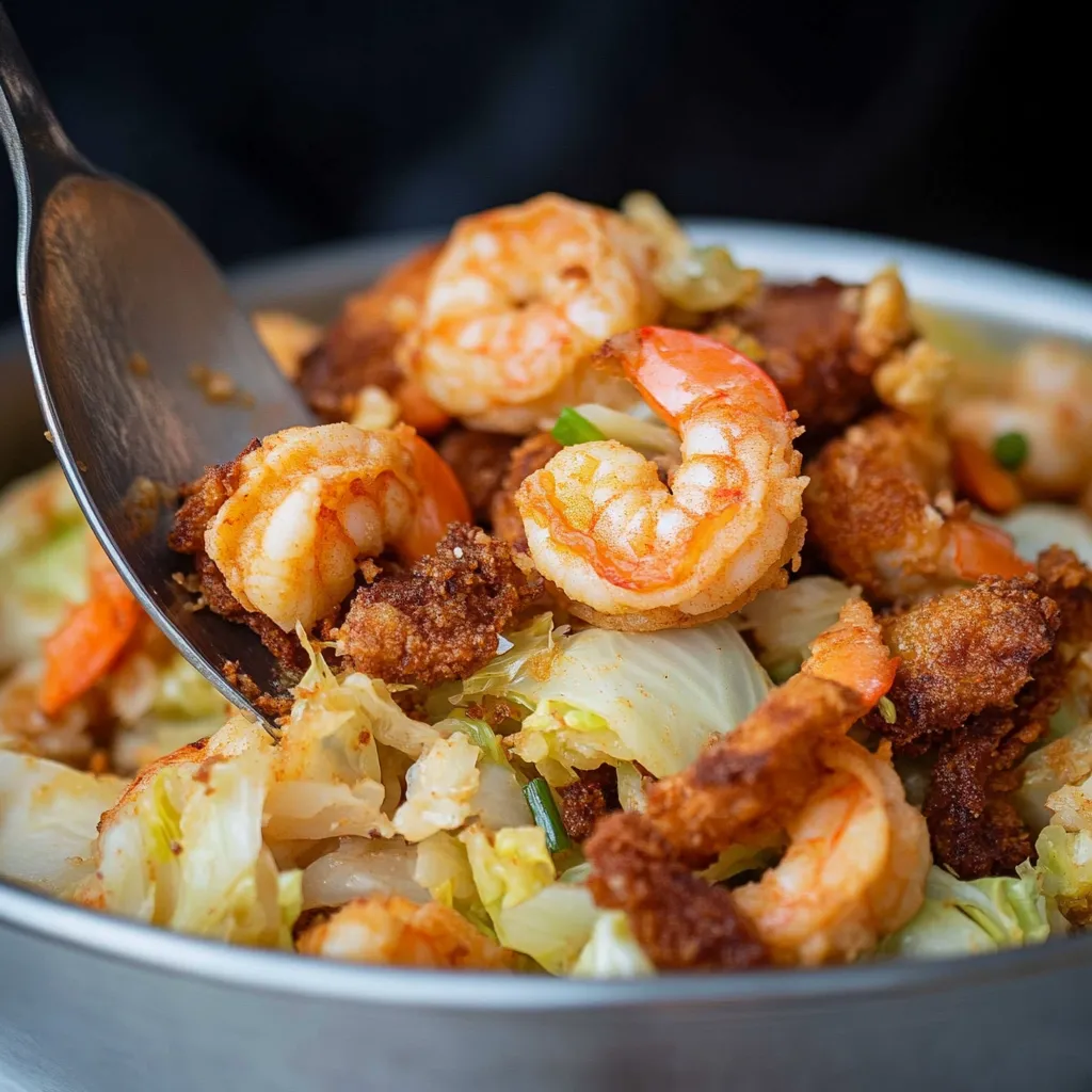 A vibrant skillet filled with Southern Fried Cabbage with Shrimp, crispy bacon, and fresh parsley garnish.