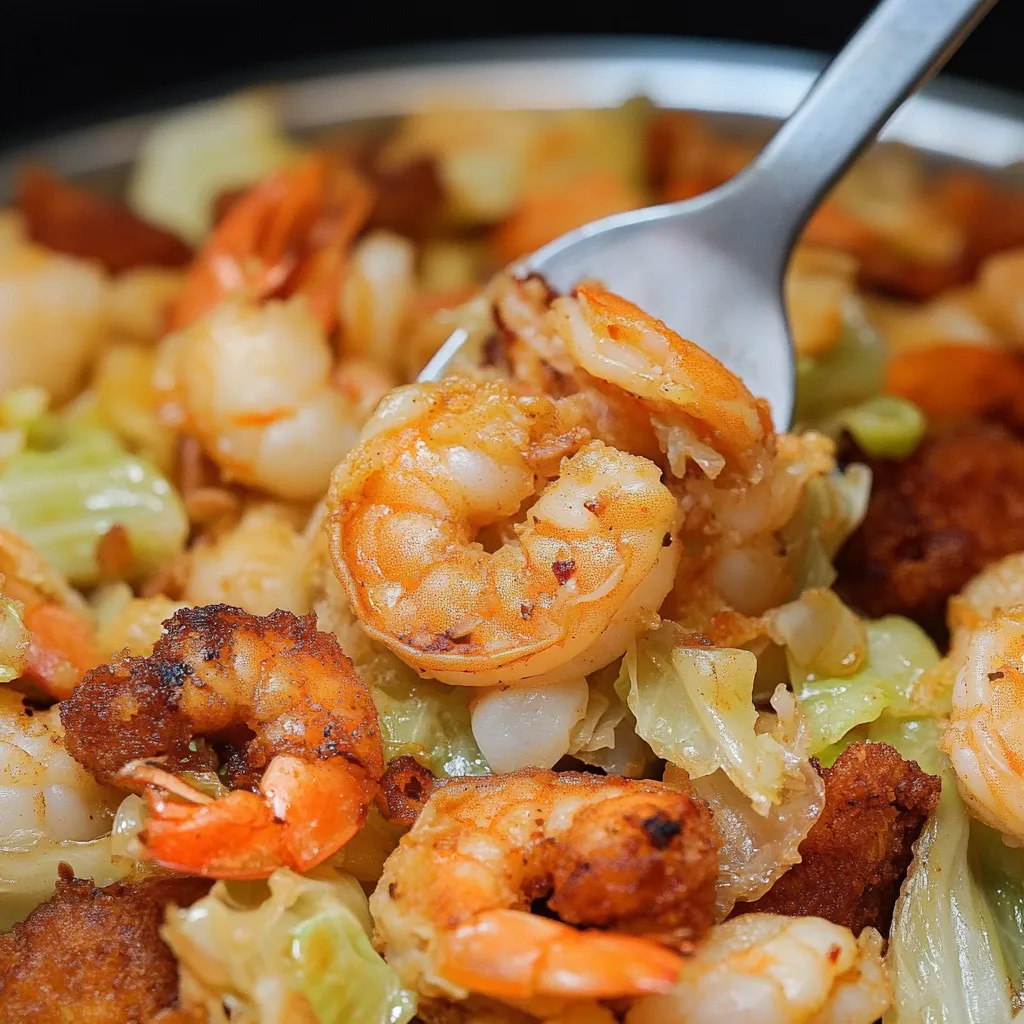 A vibrant skillet filled with Southern Fried Cabbage with Shrimp, crispy bacon, and fresh parsley garnish.