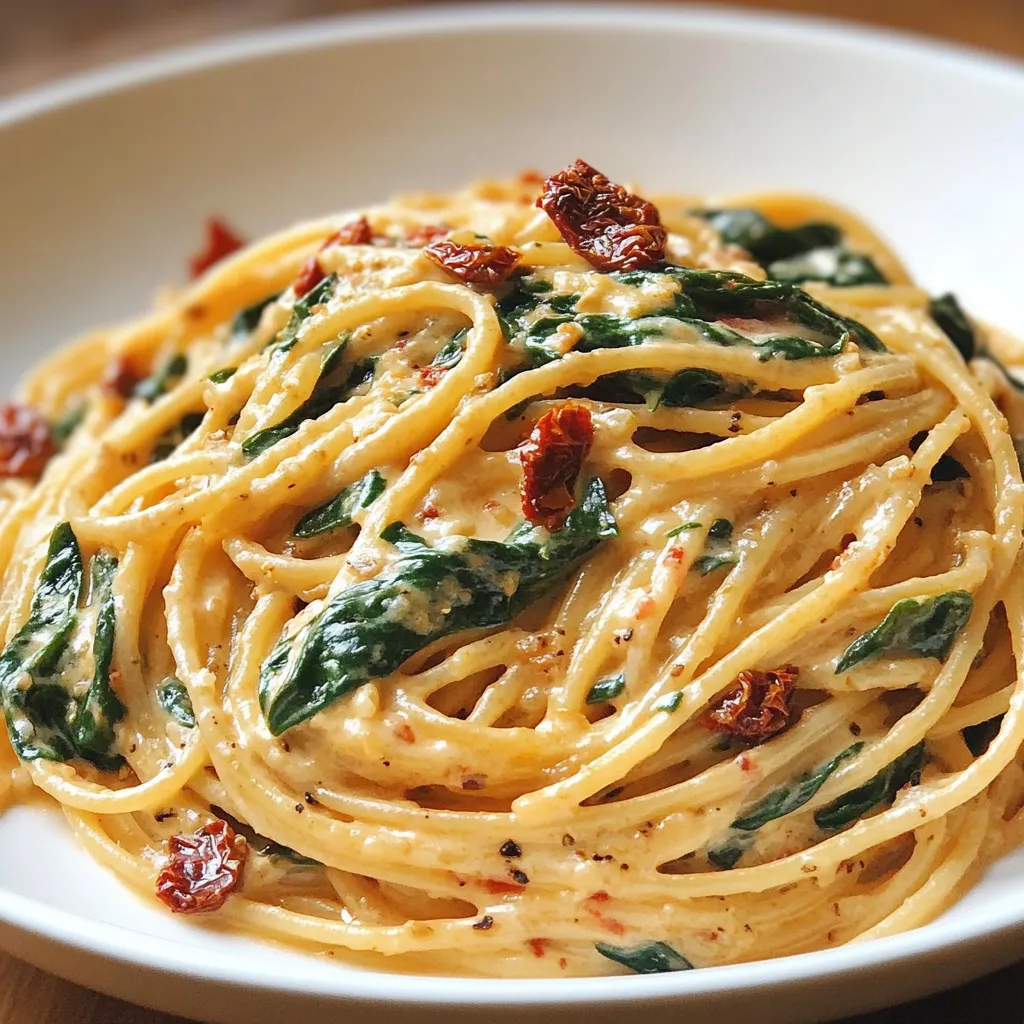 A creamy spaghetti dish with fresh spinach, sun-dried tomatoes, and Parmesan cheese garnished with basil in a white bowl.