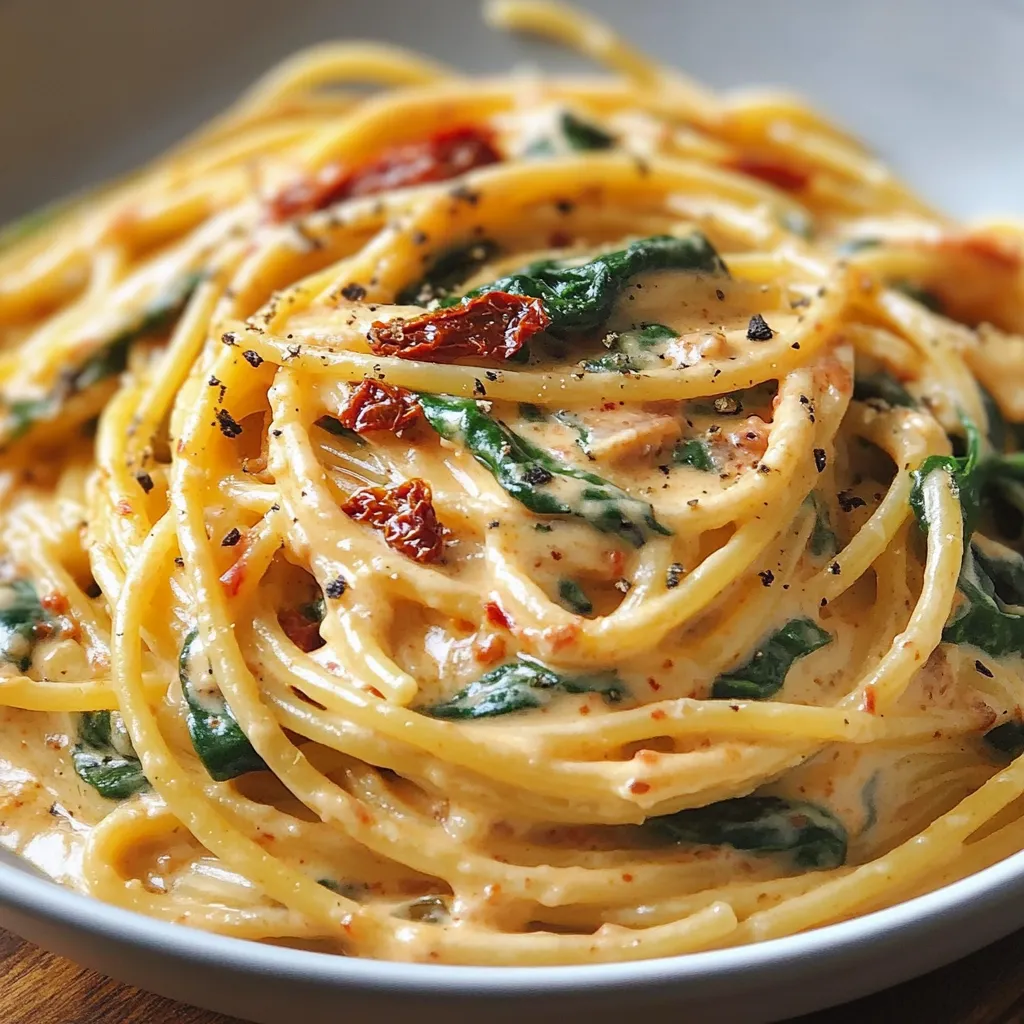 A creamy spaghetti dish with fresh spinach, sun-dried tomatoes, and Parmesan cheese garnished with basil in a white bowl.