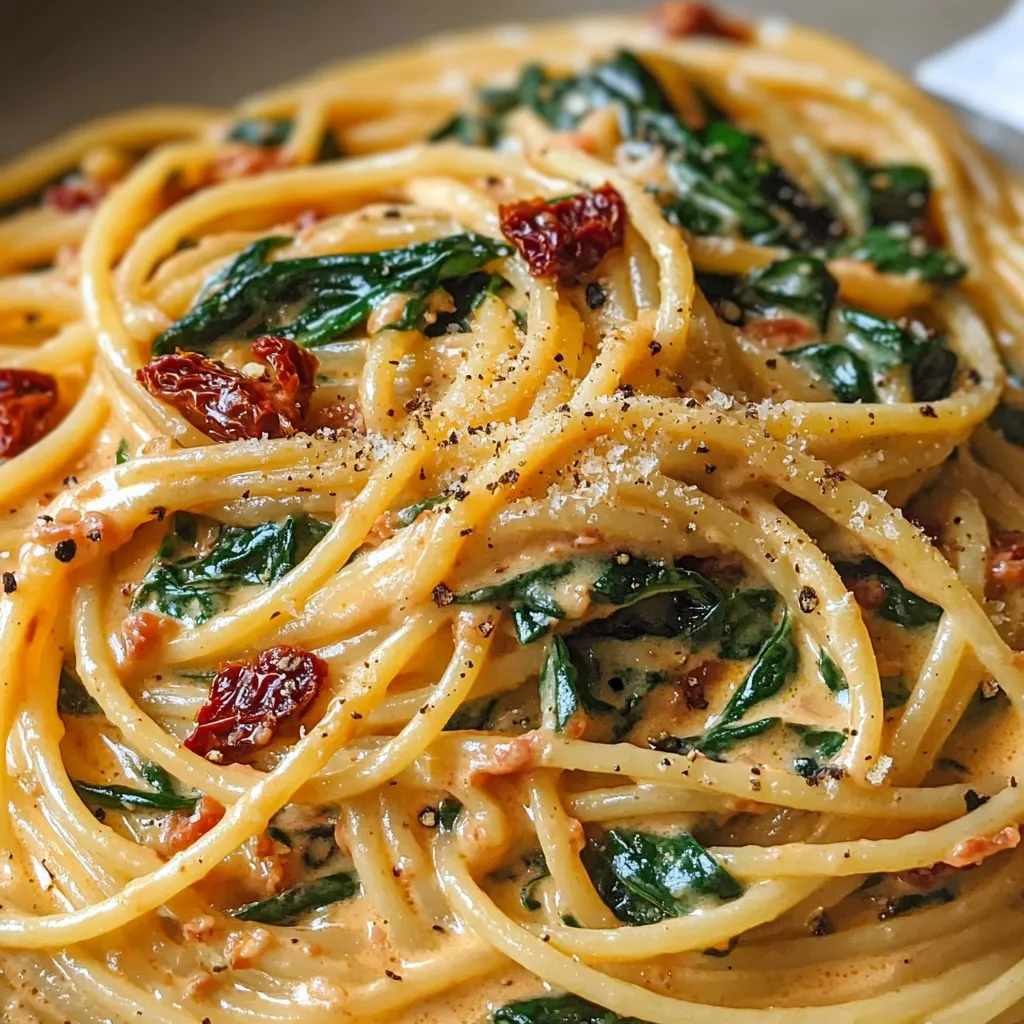 A creamy spaghetti dish with fresh spinach, sun-dried tomatoes, and Parmesan cheese garnished with basil in a white bowl.