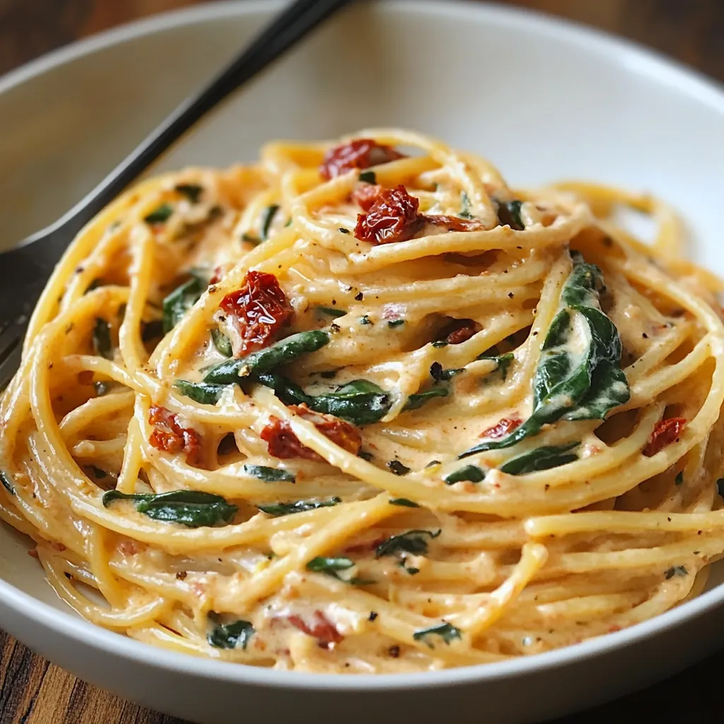 A creamy spaghetti dish with fresh spinach, sun-dried tomatoes, and Parmesan cheese garnished with basil in a white bowl.