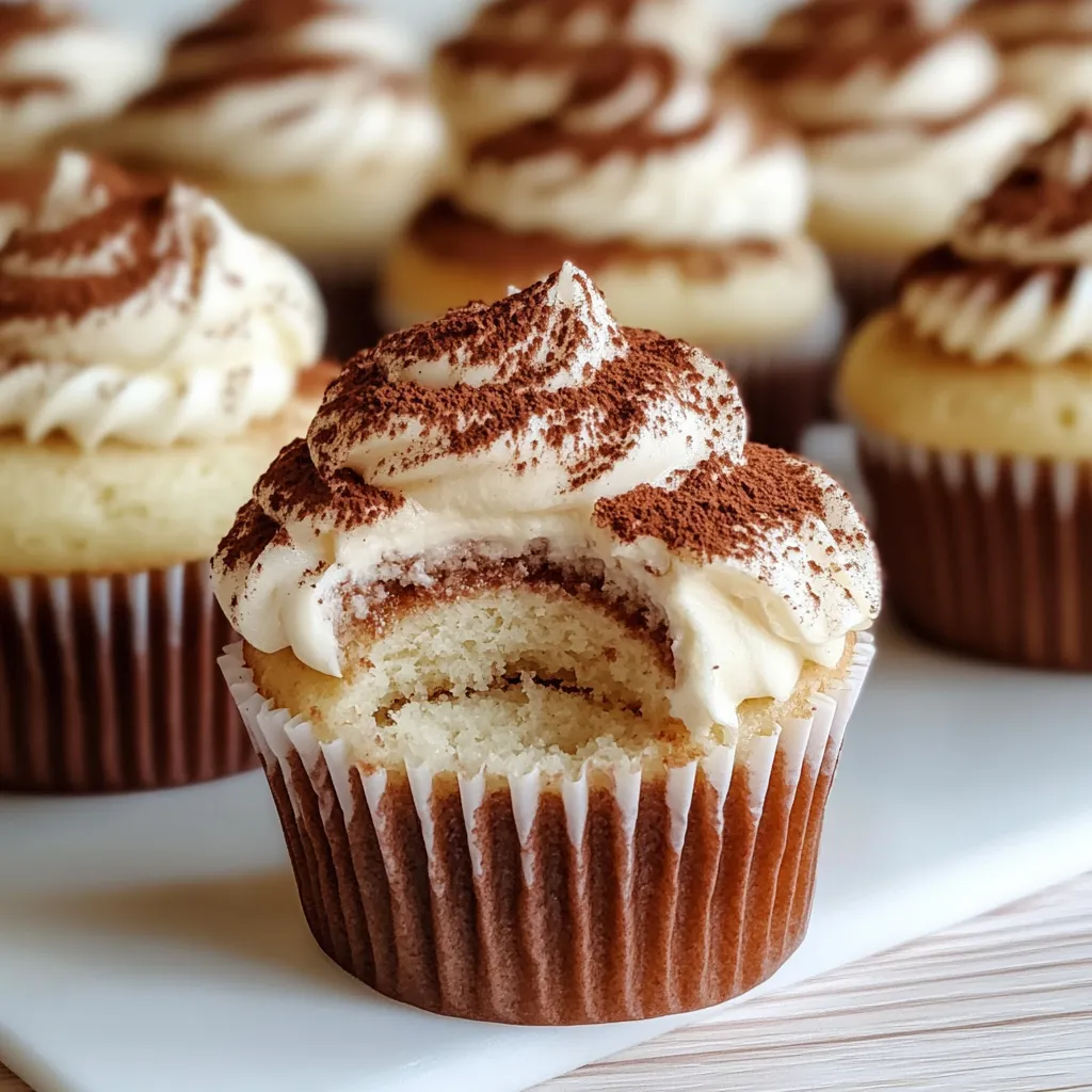 Delicious tiramisu cupcakes topped with mascarpone frosting, dusted with cocoa powder, and garnished with chocolate shavings.