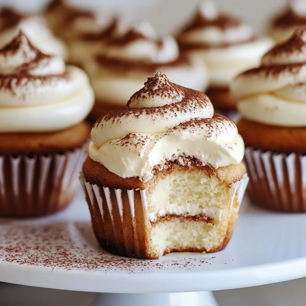 Delicious tiramisu cupcakes topped with mascarpone frosting, dusted with cocoa powder, and garnished with chocolate shavings.