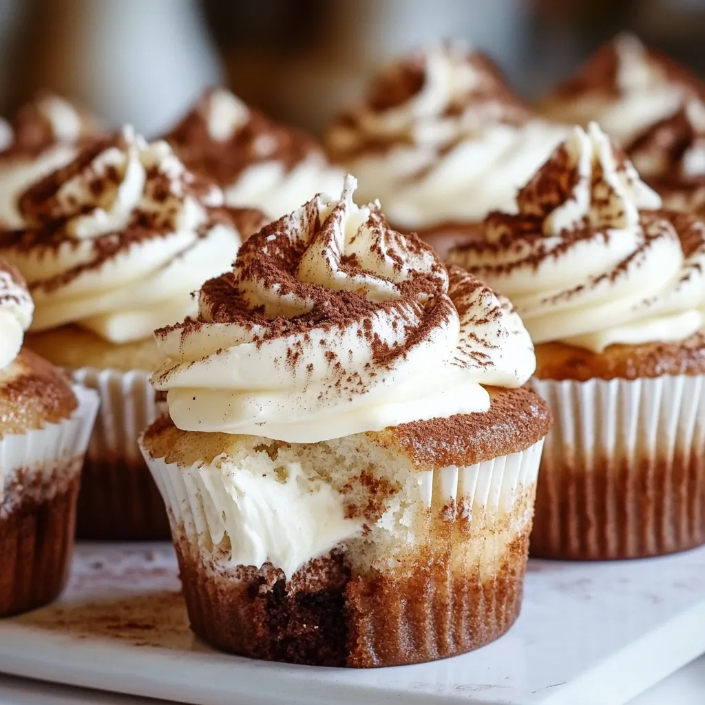 Delicious tiramisu cupcakes topped with mascarpone frosting, dusted with cocoa powder, and garnished with chocolate shavings.