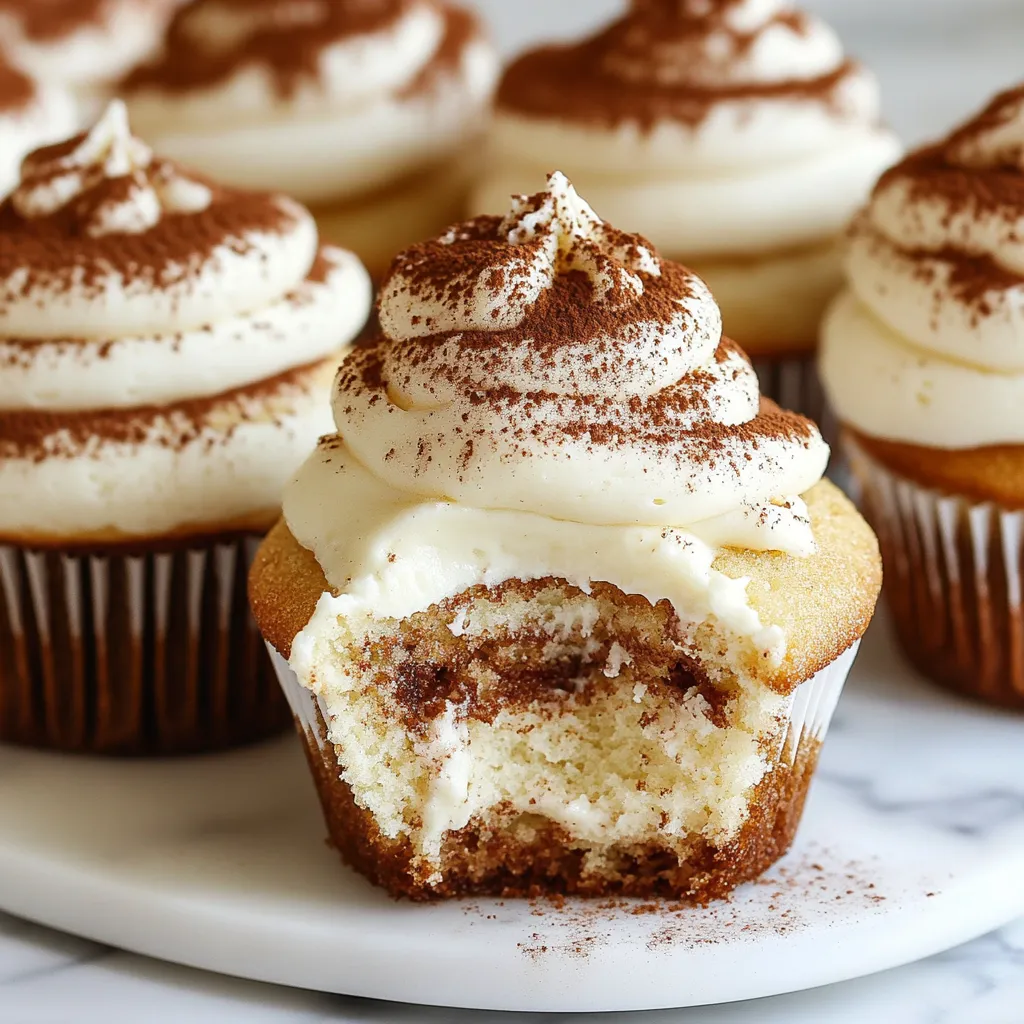 Delicious tiramisu cupcakes topped with mascarpone frosting, dusted with cocoa powder, and garnished with chocolate shavings.