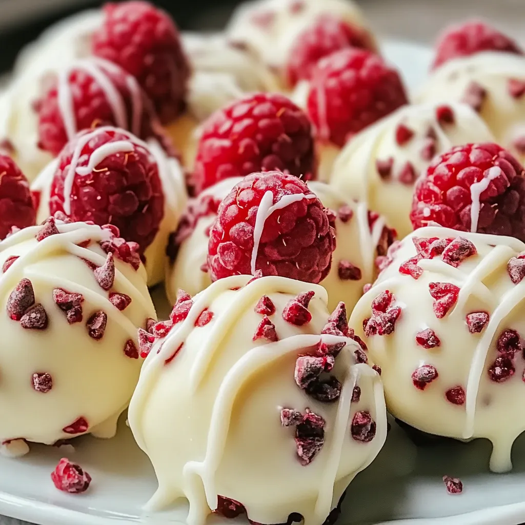 White Chocolate Raspberry Cheesecake Balls coated in white chocolate and sprinkled with crushed raspberries on a parchment-lined tray.