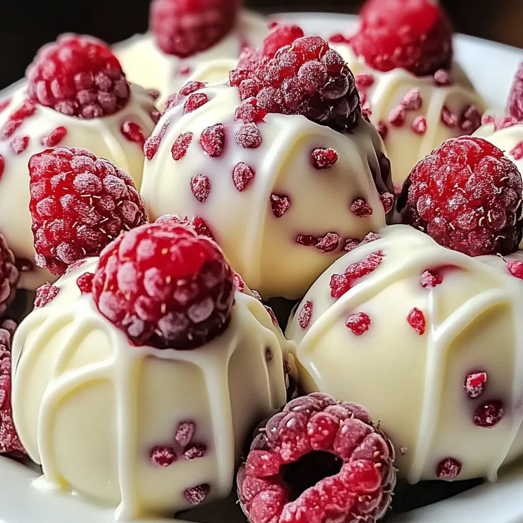 White Chocolate Raspberry Cheesecake Balls coated in white chocolate and sprinkled with crushed raspberries on a parchment-lined tray.