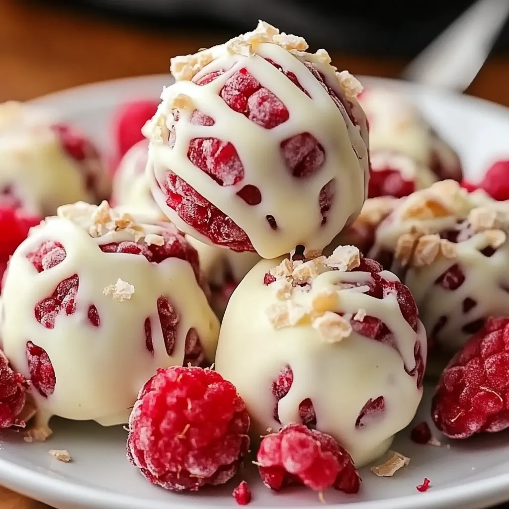 White Chocolate Raspberry Cheesecake Balls coated in white chocolate and sprinkled with crushed raspberries on a parchment-lined tray.