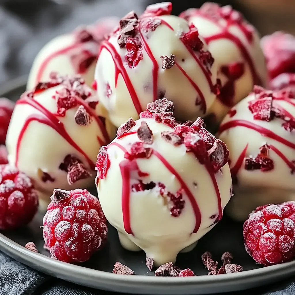 White Chocolate Raspberry Cheesecake Balls coated in white chocolate and sprinkled with crushed raspberries on a parchment-lined tray.