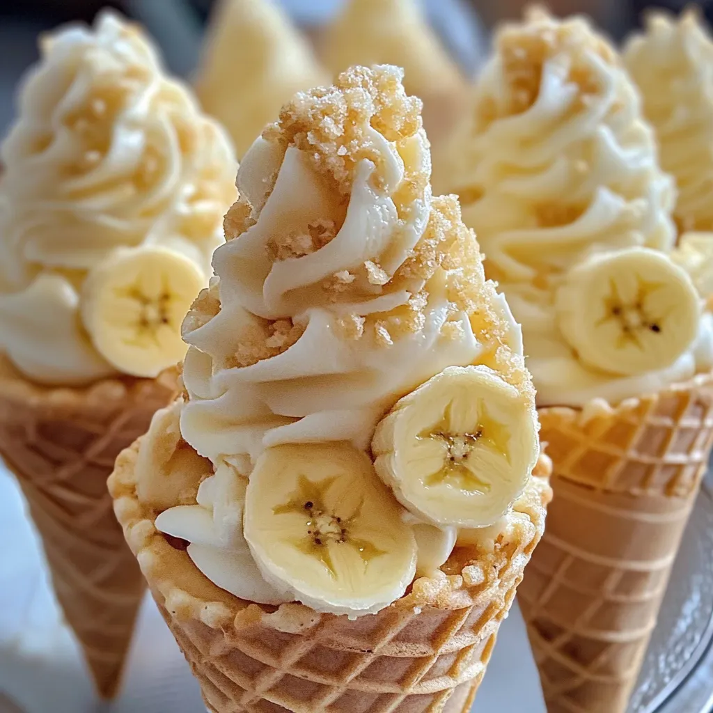 Banana Pudding Cheesecake Cones topped with whipped cream, sliced bananas, and crushed vanilla wafers.