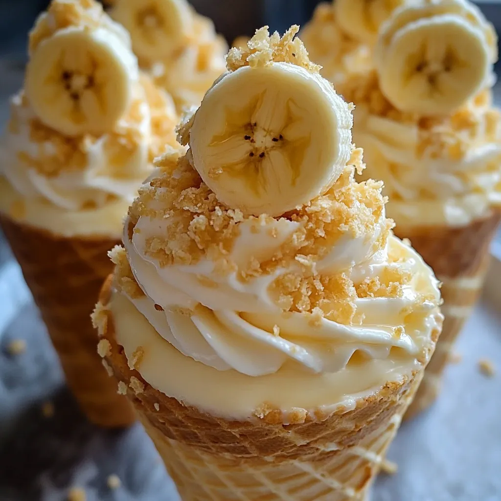 Banana Pudding Cheesecake Cones topped with whipped cream, sliced bananas, and crushed vanilla wafers.