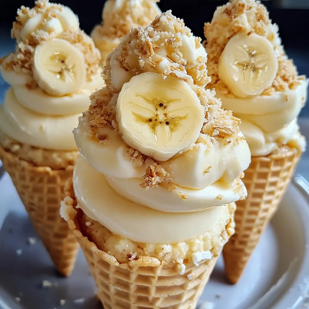 Banana Pudding Cheesecake Cones topped with whipped cream, sliced bananas, and crushed vanilla wafers.