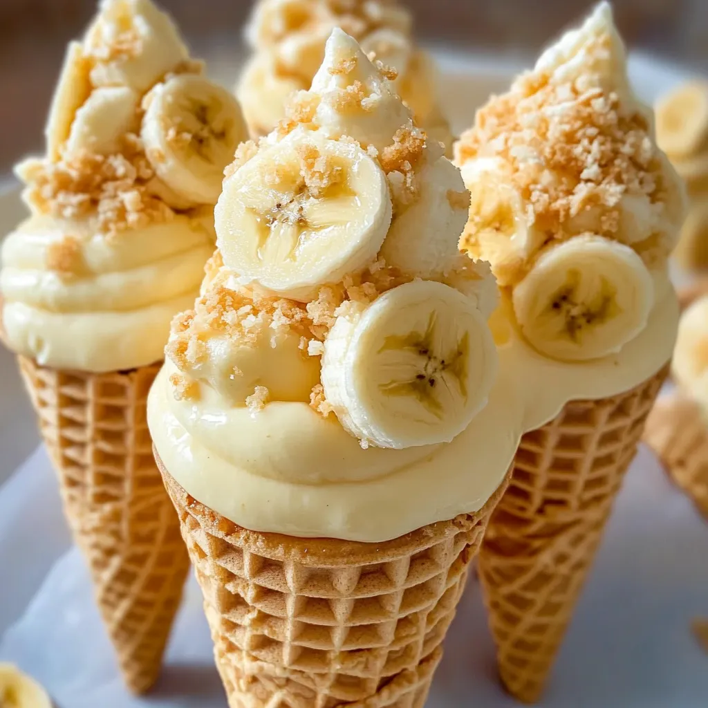 Banana Pudding Cheesecake Cones topped with whipped cream, sliced bananas, and crushed vanilla wafers.