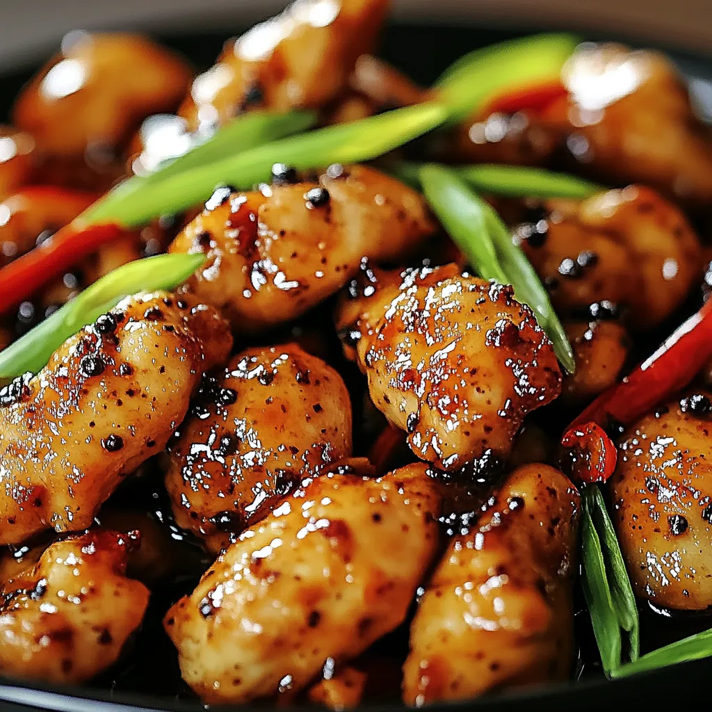 A plate of Black Pepper Chicken with tender chicken pieces, vibrant bell peppers, and a glossy, savory black pepper sauce served over rice.