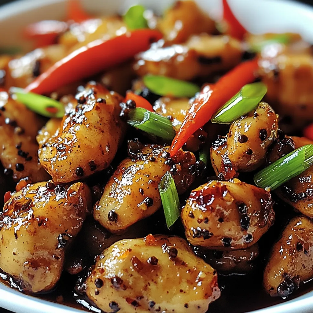 A plate of Black Pepper Chicken with tender chicken pieces, vibrant bell peppers, and a glossy, savory black pepper sauce served over rice.