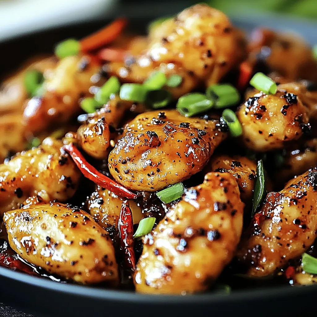 A plate of Black Pepper Chicken with tender chicken pieces, vibrant bell peppers, and a glossy, savory black pepper sauce served over rice.